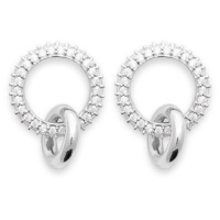 Boucles d'oreilles pendantes composées de deux cercles entrelacés en argent 925/000 rhodié dont un pavé d'oxydes de zirconium blancs.
