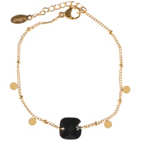 Bracelet composé d'une chaîne et pampilles rondes en acier doré et d'une pierre de forme carré de couleur noire. Fermoir mousqueton avec une rallonge de 3 cm.