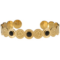 Bracelet jonc composé de pastilles rondes avec gravure d'étoile en acier doré et surmonté de trois pierres de couleur noire.