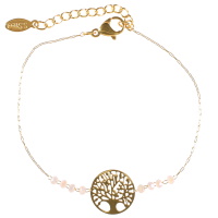 Bracelet composé d'une chaîne avec une pastille ronde arbre de vie en acier doré et de perles de couleur blanche. Fermoir mousqueton avec 3 cm de rallonge.