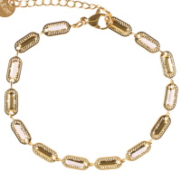 Bracelet composé d'une chaîne de pastilles rectangulaires arrondies en acier doré pavées en alternance en émail de couleur blanc. Fermoir mousqueton avec 3 cm de rallonge.