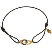 Bracelet composé d'un cordon élastique en coton de couleur noir et d'une paire de menottes en acier doré pavées de strass de couleur noir.
