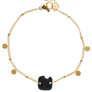 Bracelet composé d'une chaîne avec pampilles rondes en acier doré et d'une pierre de couleur noir de forme carré. Fermoir mousqueton avec 3 cm de rallonge.