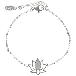 Bracelet composé d'une chaîne en acier argenté et d'une fleur de lotus pavée de nacre. Fermoir mousqueton avec 3 cm de rallonge.