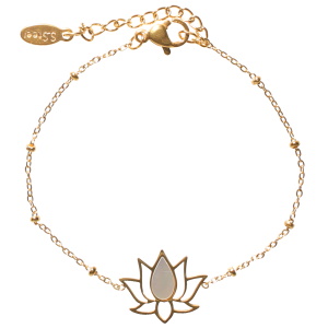 Bracelet composé d'une chaîne en acier doré et d'une fleur de lotus pavée de nacre. Fermoir mousqueton avec 3 cm de rallonge.