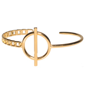 Bracelet jonc ouvert en forme de chaîne et avec un cercle barré en acier doré.