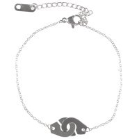 Bracelet composé d'une chaîne et d'une paire de menottes en acier argenté. Fermoir mousqueton avec 5 cm de rallonge.