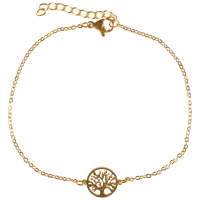 Bracelet composé d'une chaîne et d'un arbre de vie en acier doré. Fermoir mousqueton avec 3 cm de rallonge.