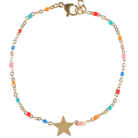 Bracelet composé d'une chaîne avec une étoile en acier doré et de perles en émail multicolore. Fermoir mousqueton avec 5 cm de rallonge.