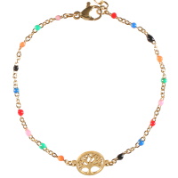 Bracelet composé d'une chaîne avec un arbre de vie en acier doré et de perles en émail multicolore. Fermoir mousqueton avec 3 cm.
