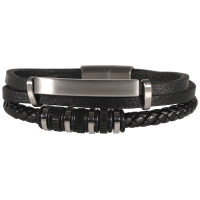 Bracelet multi rangs pour homme en cuir de couleur noir avec une plaque en acier argenté et rondelles en caoutchouc et acier argenté.