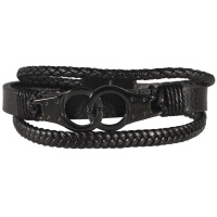 Bracelet multi rangs pour homme en cuir de couleur noir avec une paire de menottes en acier noir.