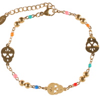 Bracelet composé d'une chaîne avec boules en acier doré, de perles en émail multicolore et de têtes de mort en acier doré. Fermoir mousqueton avec 3 cm de rallonge.