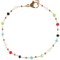 Bracelet composé d'une chaîne avec boules en acier doré et de perles multicolores. Fermoir mousqueton avec 4 cm de rallonge.