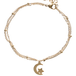 Bracelet double rangs composé de deux chaînes avec un pendant en forme de croissant de lune et d'une étoile en acier doré. Fermoir mousqueton avec 4 cm de rallonge.