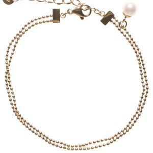 Bracelet composé de deux chaîne boules en acier doré et d'une perle d'imitation. Fermoir mousqueton avec 3 cm de rallonge.