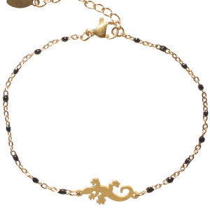 Bracelet composé d'une chaîne en acier doré avec perles en émail de couleur noir et d'une salamandre en acier doré. Fermoir mousqueton avec 3 cm de  rallonge.
