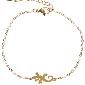 Bracelet composé d'une chaîne en acier doré avec perles en émail de couleur blanc et d'une salamandre en acier doré. Fermoir mousqueton avec 3 cm de  rallonge.