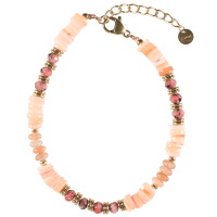 Bracelet composé de perles cylindriques en acier doré et de perles de couleur rose. Fermoir mousqueton avec 3 cm de rallonge.