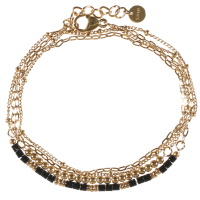 Bracelet double tours et double rangs composé d'une chaîne avec boules en acier doré, ainsi qu'une chaîne en acier doré et de perles cylindriques de couleur noire. Fermoir mousqueton avec 3 cm de rallonge.