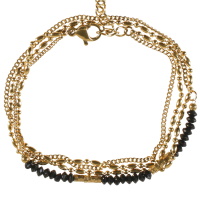 Bracelet double rangs et double tours composé d'une chaîne en acier doré et d'une chaîne en acier doré et de perles de couleur noire. Fermoir mousqueton avec 3 cm de rallonge.