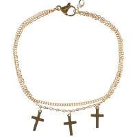 Bracelet composé d'une double chaîne avec trois pendants en forme de croix en acier doré. Fermoir mousqueton avec 3 cm de rallonge.
