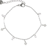 Bracelet composé d'une chaîne avec pampilles étoiles en acier argenté et de pampilles en cristal. Fermoir mousqueton avec 3.5 cm de rallonge.