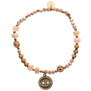 Bracelet élastique composé de perles en acier doré, de perles de couleur marron, de trois perles avec œil de Turquie et d'une pastille ronde en acier doré représentant un œil de Turquie. 