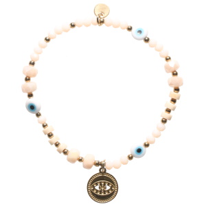 Bracelet élastique composé de perles en acier doré, de perles de couleur blanche, de trois perles avec œil de Turquie et d'une pastille ronde en acier doré représentant un œil de Turquie. 