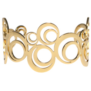 Bracelet manchette ouvert composé de cercles en acier doré.
