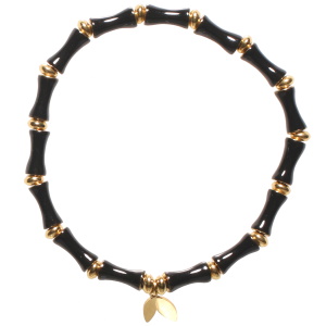 Bracelet élastique composé de perles cylindriques en acier doré, de perles en émail de couleur noire et d'un pendant en forme de papillon en acier doré.