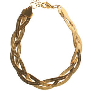 Bracelet triple rangs composé de trois chaînes maille serpent en acier doré. Fermoir mousqueton avec 4 cm de rallonge.