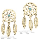 Boucles d'oreilles pendantes attrape rêve en plaqué or et pierres d'imitation turquoise.