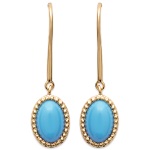 Boucles d'oreilles pendantes en plaqué or et pierres d'imitation turquoise.