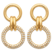 Boucles d'oreilles pendantes composées de deux cercles en plaqué or jaune 18 carats dont un pavé d'oxydes de zirconium blancs.
