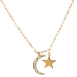 Collier avec deux pendentifs étoile et croissant de lune en acier doré et strass en verre.