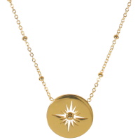 Collier composé d'une chaîne et d'un pendentif rond avec motif d'étoile ajourée en acier 316L doré. Fermoir mousqueton avec 5 cm de rallonge.