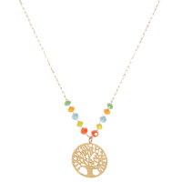 Collier composé d'une chaîne en acier doré avec des perles multicolores et d'un pendentif arbre de vie en acier doré. Fermoir mousqueton avec 5 cm de rallonge.