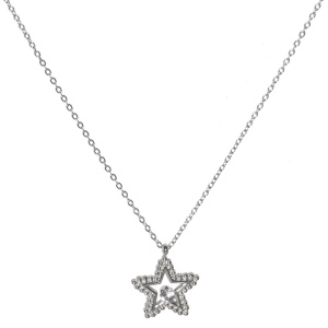Collier composé d'une chaîne en acier argenté et d'un pendentif en forme d'étoile surmonté d'un cristal. Fermoir mousqueton avec 5 cm de rallonge.