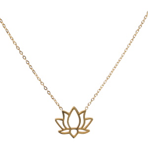 Collier composé d'une chaîne et d'un pendentif en forme de fleur de lotus en acier doré. Fermoir mousqueton avec 5 cm de rallonge.