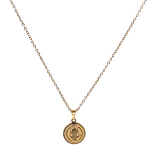 Collier composé d'une chaîne et d'un pendentif médaille Saint Benoît en acier doré.