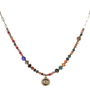 Collier composé d'une chaîne en acier doré, de perles multicolores, de perles rondes représentant un œil et d'un pendentif rond représentant un œil en acier doré. Fermoir mousqueton avec 5 cm de rallonge.