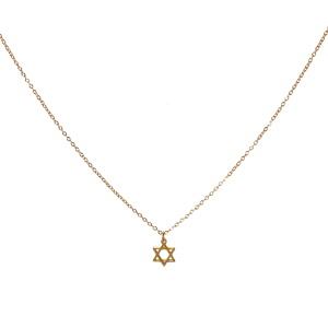 Collier composé d'une chaîne et d'un pendentif en forme d'étoile de David (Maguen David) en acier doré. Fermoir mousqueton avec 5 cm de rallonge.