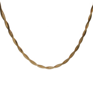 Collier composé de deux chaînes maille serpent entrelacées en acier doré. Fermoir mousqueton avec 5 cm de rallonge.