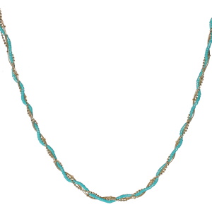Collier triple rangs entrelacés composé de deux chaînes en acier doré et d'une chaîne perles de couleur verte. Fermoir mousqueton avec 5 cm de rallonge.