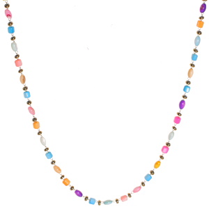 Collier composé d'une chaîne en acier doré et de perles multicolores. Fermoir mousqueton avec 5 cm de rallonge.