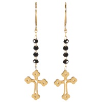 Boucles d'oreilles pendantes composées de perles de couleur noire et d'une croix en acier doré.