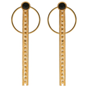 Boucles d'oreilles pendantes composées d'un cercle avec franges en acier doré et d'une puce sertie d'une pierre de couleur noire.