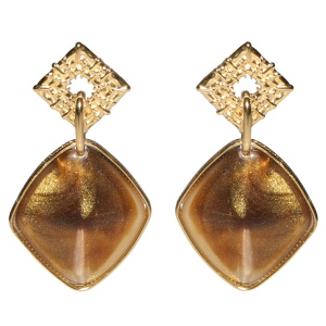 Boucles d'oreilles pendantes composées d'un losange en acier doré et d'un cristal de couleur marron serti dans un losange.
