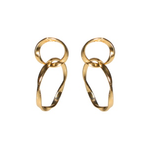Boucles d'oreilles pendantes composées de deux cercles fil torsade en acier doré.